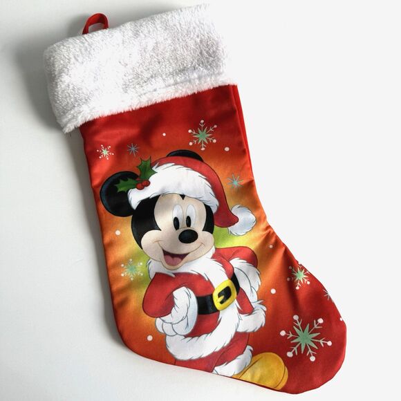 Disney Mickey Mouse Christmas Stocking Satin with White Plush Cuff Xmas Ruz - Picture 1 of 4